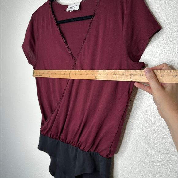 Sezane Burgundy & Black Thibault Bodysuit Crossover Neckline Short Sleeve - Picture 13 of 13